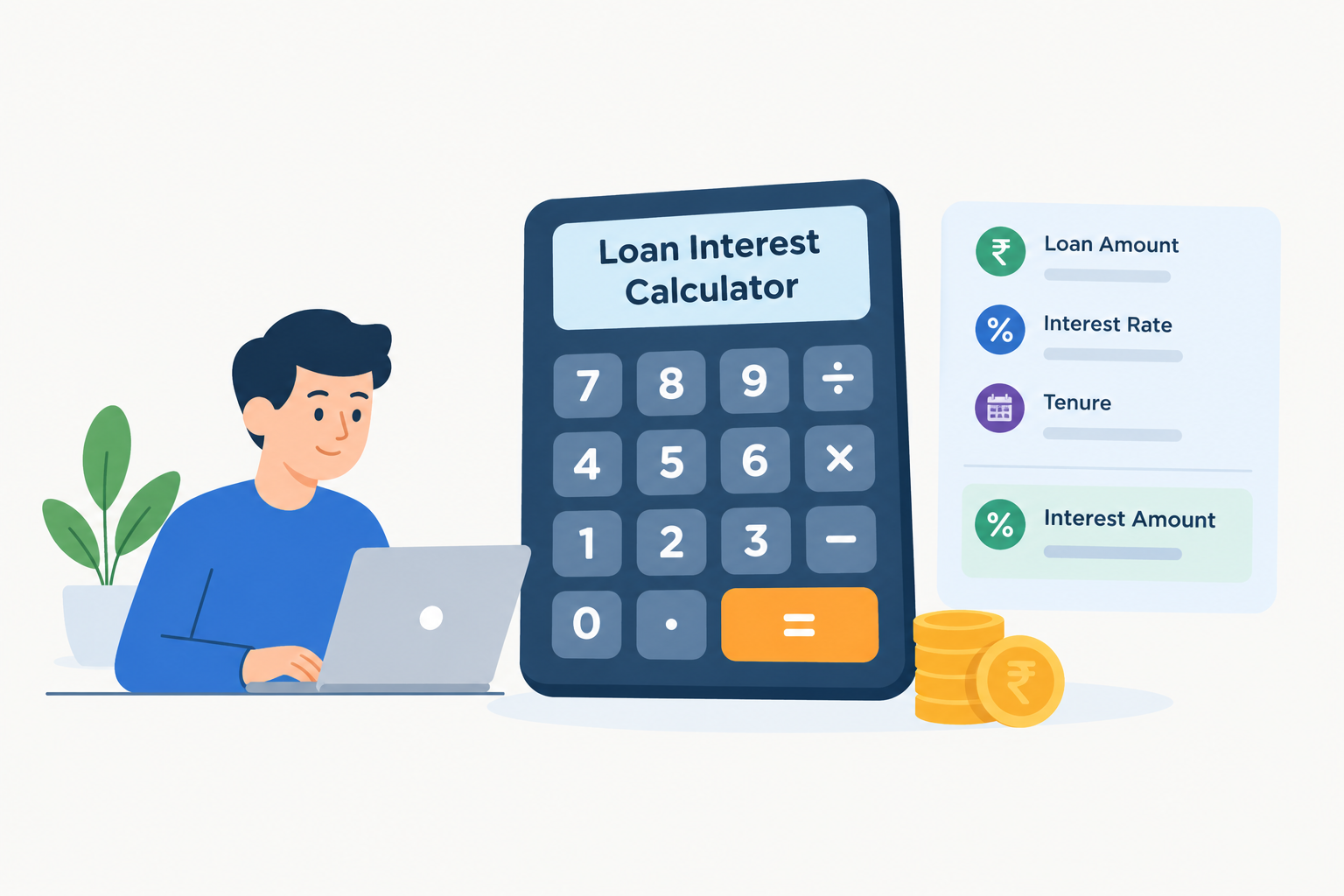 Loan interest calculator showing loan amount, interest rate, tenure, and interest amount with rupee coins for easy loan cost estimation.